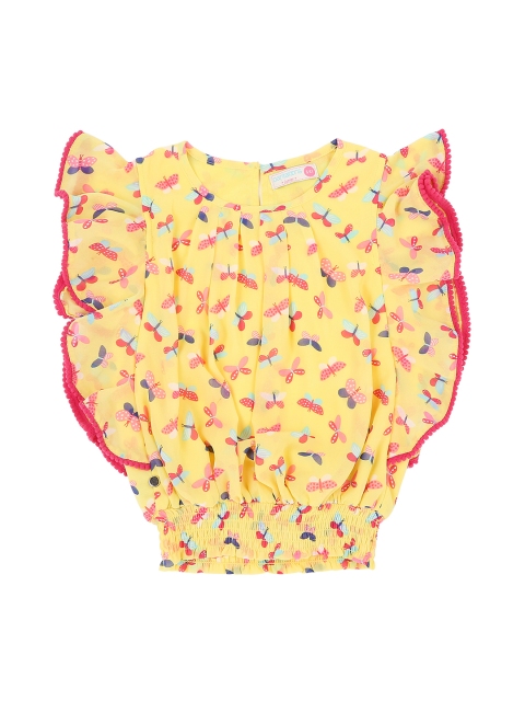 Pantaloons Junior Girls Yellow Printed Blouson Pure Cotton Top