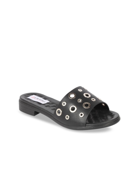Jurado Women Black & Silver-Toned Textured Sandals