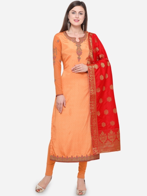 mf Orange & Red Poly Crepe Semi-Stitched Dress Material