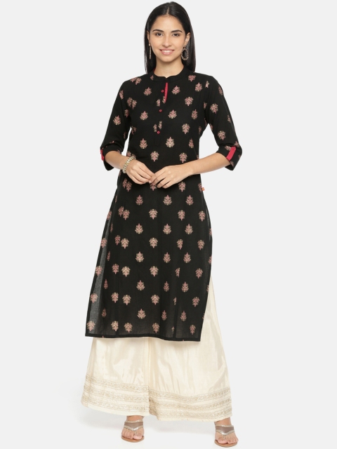 Alena Women Black Printed Straight Kurta