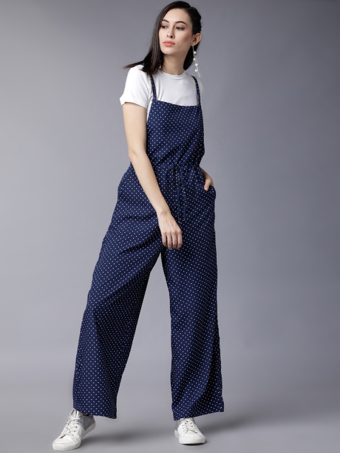 Tokyo Talkies Women Navy Blue & White Polka Dot Dungarees