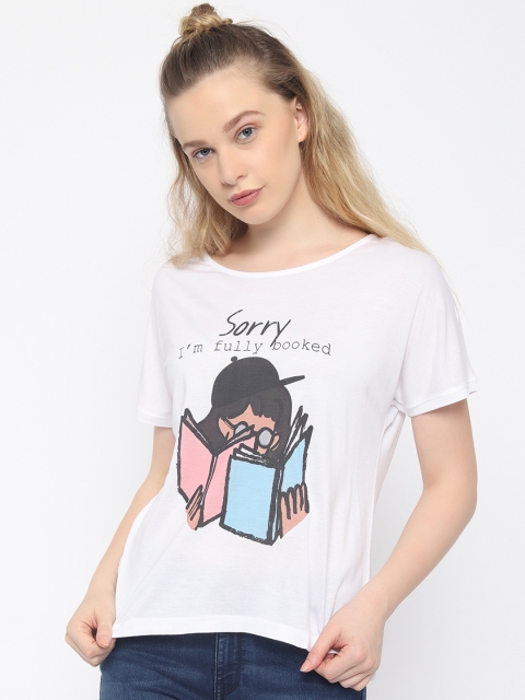 Newport Women White Printed Round Neck T-shirt
