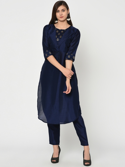 ZIYAA Women Navy Blue Solid Straight Kurta