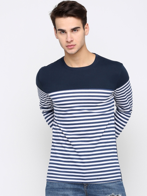 Maniac Men Navy Blue & White Striped Round Neck T-shirt