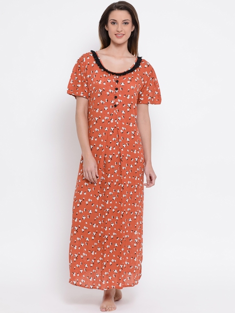 Clovia Women Brown Printed Nightdress NS1199P06XL