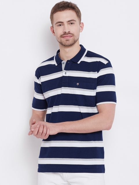 Duke Men Blue & White Striped Polo Collar T-shirt