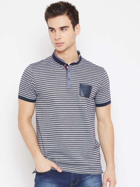 Duke Men Blue Striped Mandarin Collar T-shirt