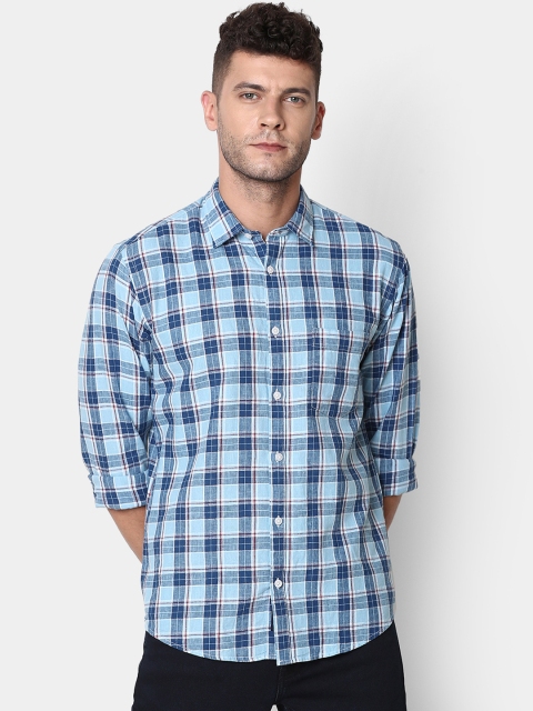 CAVALLO by Linen Club Men Cotton Linen Blue & Red Regular Fit Checked Casual Shirt