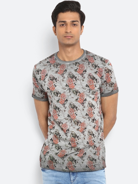 Mufti Men Grey Printed Round Neck Slim Fit Pure Cotton T-shirt