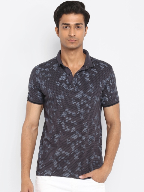 Mufti Men Charcoal Black Printed Polo Collar Pure Cotton T-shirt