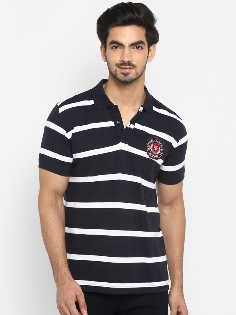 Mufti Men Navy Blue & White Striped Polo Collar T-shirt