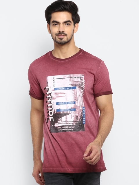 Mufti Men Burgundy Printed Round Neck Pure Cotton T-shirt