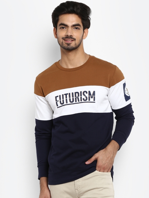 Mufti Men Khaki Colourblocked Round Neck Slim Fit Pure Cotton T-shirt