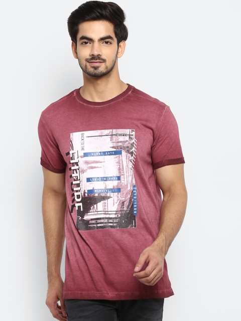 Mufti Men Burgundy Printed Round Neck Pure Cotton T-shirt