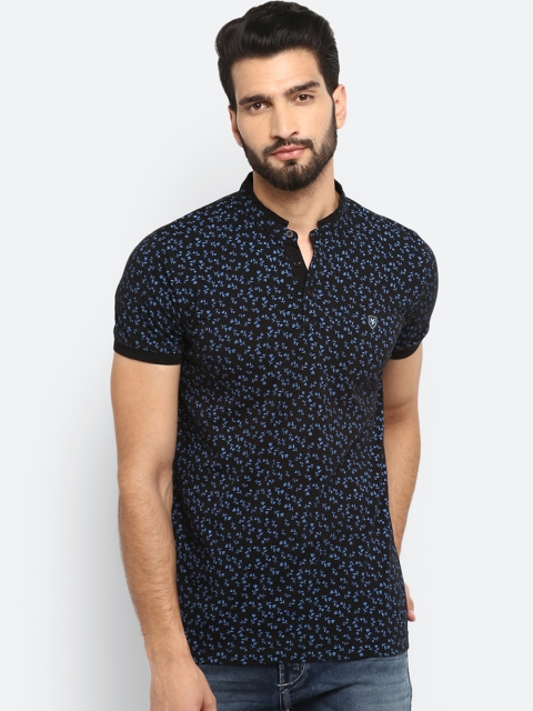 Mufti Men Black Blue Printed Mandarin Collar Slim Fit Pure Cotton T-shirt