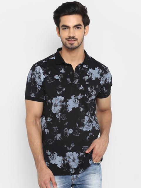 Mufti Men Black Blue Printed Polo Collar Pure Cotton T-shirt