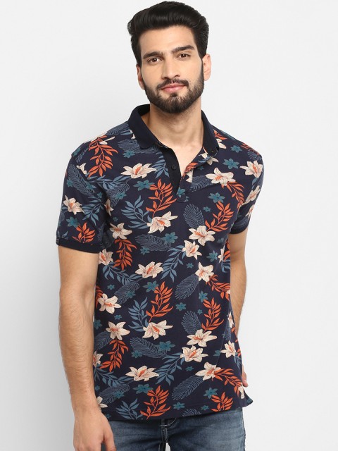 Mufti Men Navy Blue Red Printed Polo Collar Slim Fit Pure Cotton T-shirt