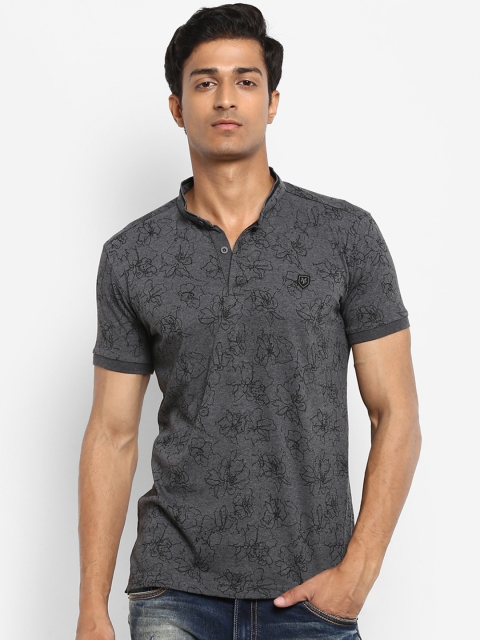 Mufti Men Grey Printed Mandarin Collar Slim Fit T-shirt