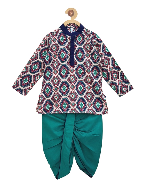 Campana Boys Off-White & Teal Green Printed Kurta with Dhoti Pants