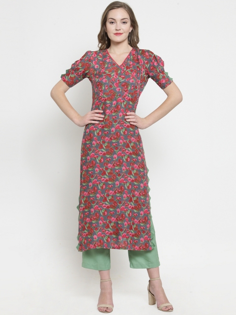 Indibelle Women Grey & Red Printed Kurta with Trousers