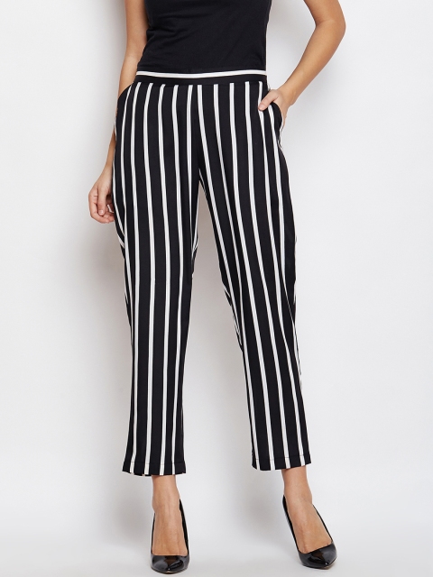 FABNEST Women Black & White Smart Regular Fit Striped Regular Trousers