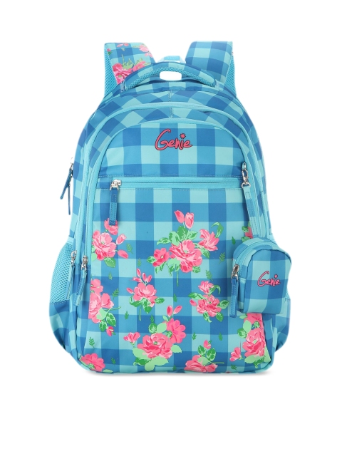 Genie Girls Blue & Pink Checked 17 inches Medium Backpack with Zip Pouch