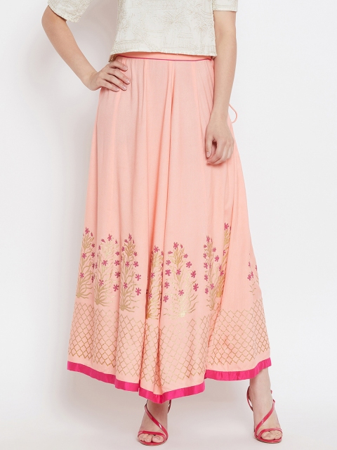 Bitterlime Women Pink Block Print Flared Maxi Skirt