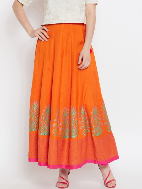 Bitterlime Women Orange Block Print Flared Maxi Skirt