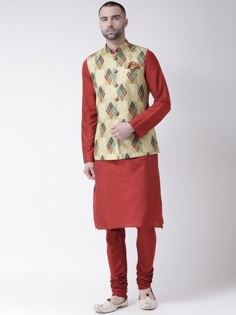 KISAH Men Maroon Solid Churidar Kurta with Nehru Jacket