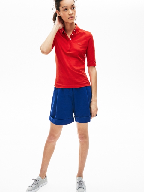Lacoste Women Red Solid Polo Collar T-shirt