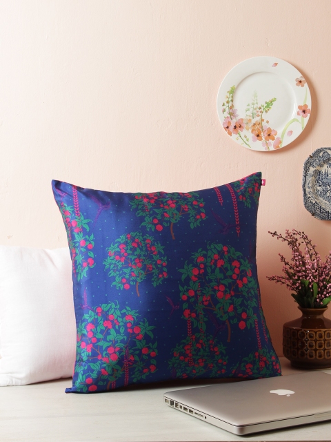 India Circus by Krsnaa Mehta Blue & Pink Floral Square Cushion Cover