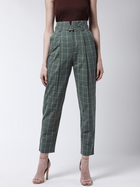 MAGRE Women Olive Green Regular Fit Checked Peg Trousers