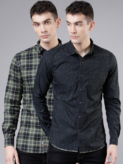 LOCOMOTIVE Men Olive Green & Navy Blue Slim Fit Reversible Checked Casual Shirt