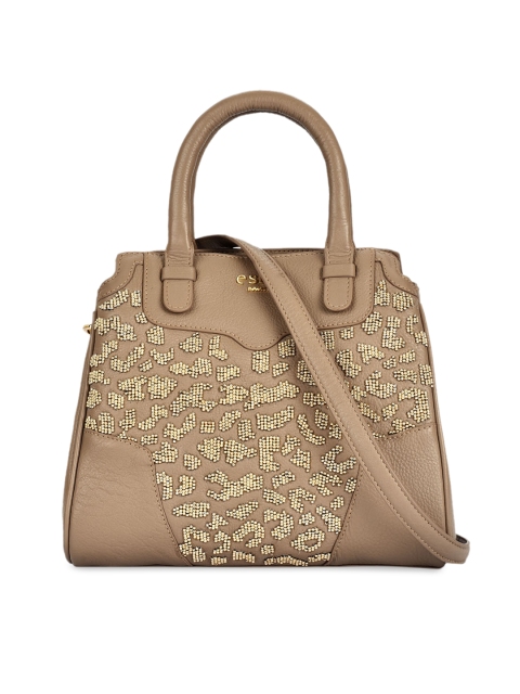 Eske Beige & Gold-Toned Embellished Leather Handheld Bag