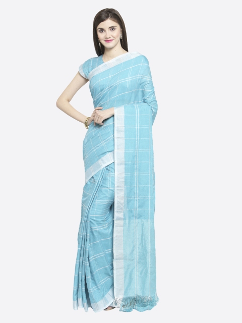Shaily Turquoise Blue Pure Linen Checked Saree