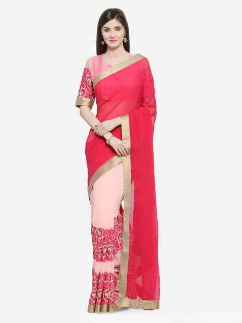 Shaily Pink Solid Pure Georgette Saree