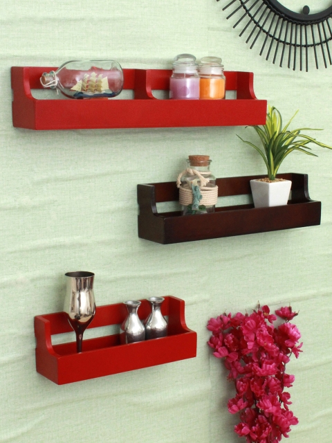 Home Sparkle Set of 3 Pocket Wall Shelves, Red