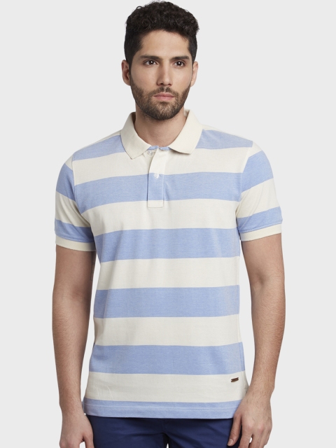 ColorPlus Men Blue & White Striped Polo Collar T-shirt