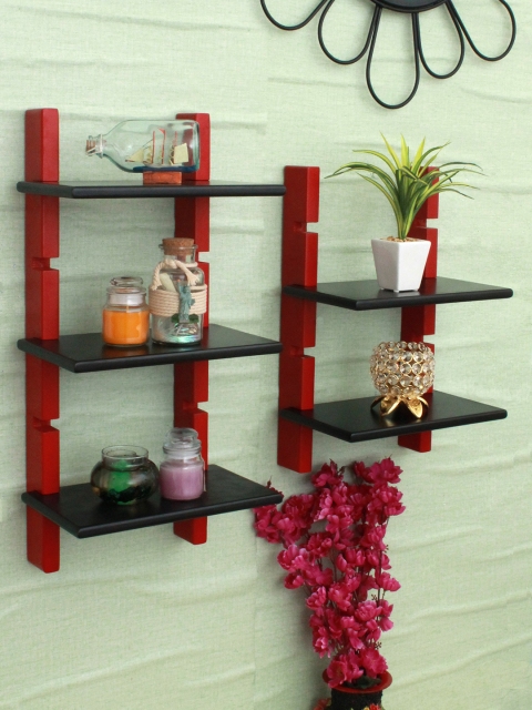 Home Sparkle Red & Black MDF Basic Wall Shelf