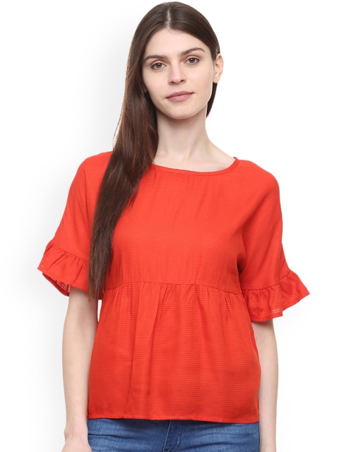 People Women Coral Red Striped Empire Top