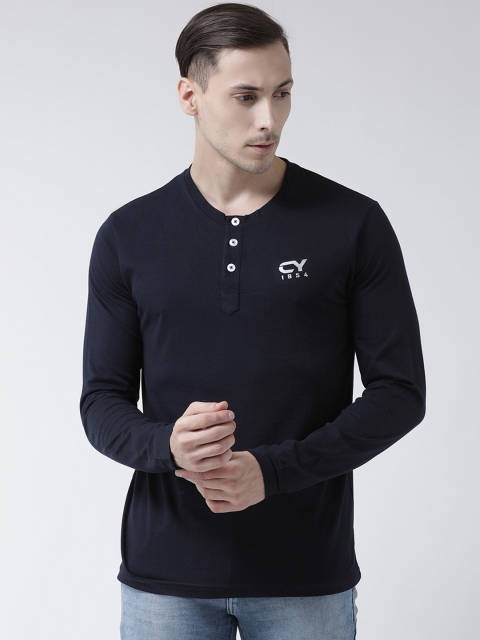 Club York Men Navy Blue Solid Henley Neck T-shirt
