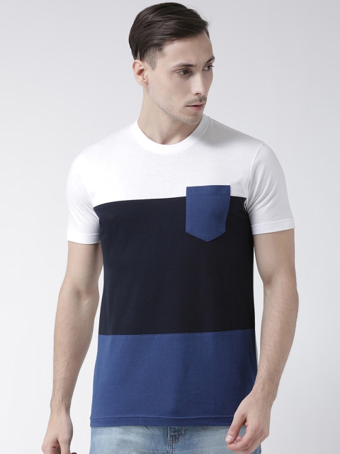 Club York Men White & Blue Colourblocked Round Neck T-shirt
