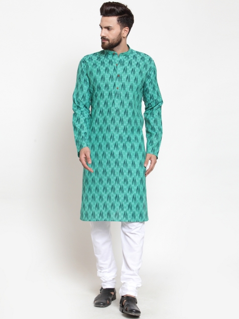 Jompers Men Sea Green Printed Kurta with Churidar