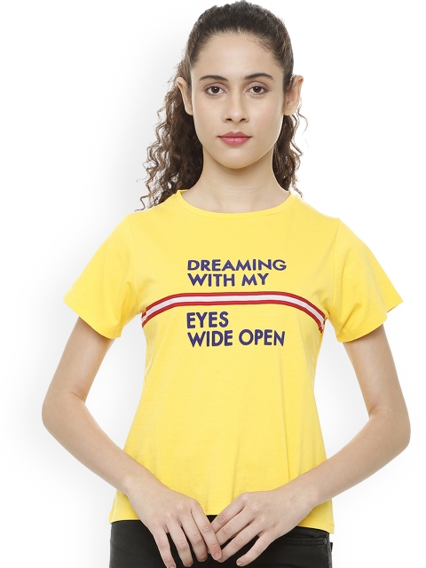 People Women Yellow Printed Round Neck Pure Cotton T-shirt