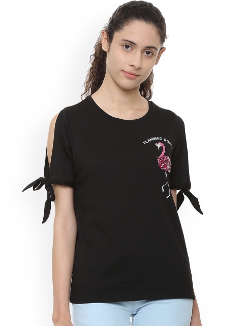 People Women Black Printed Pure Cotton Top