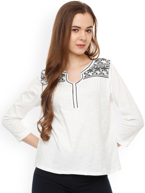 People Women White Printed Pure Cotton Top