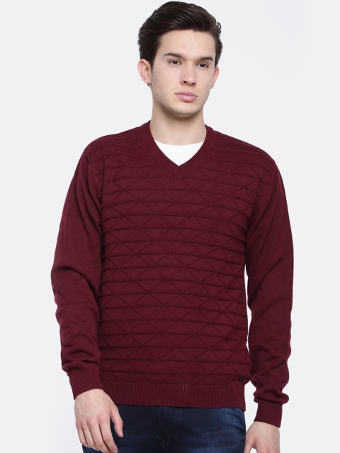 t-base Men Maroon Self Design Sweater