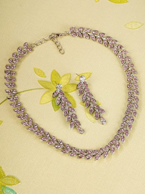 Crunchy Fashion Women Silver-Plated & Pink Stone-Studded Jewellery Set