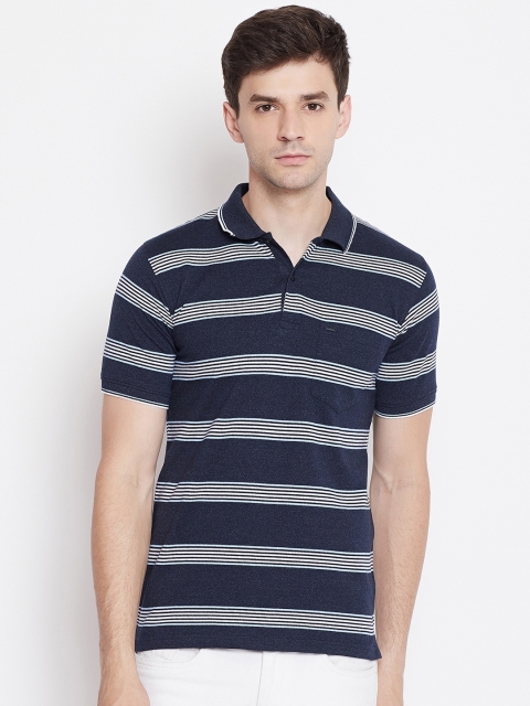 Okane Men Navy Blue Striped Polo Collar T-shirt