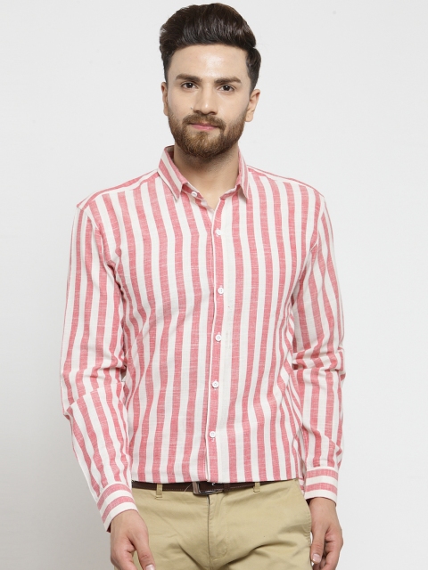 JAINISH Men Red & Off-White Slim Fit Striped Formal Shirt